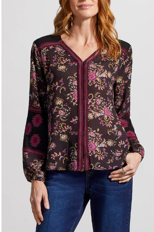Tribal Button Front Embroidered Blouse