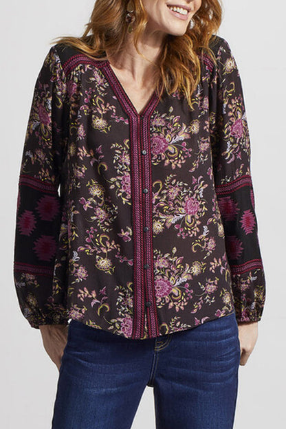 Tribal Button Front Embroidered Blouse