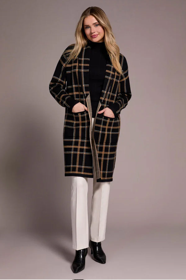 Tribal Double Knit Long Plaid Coatigan