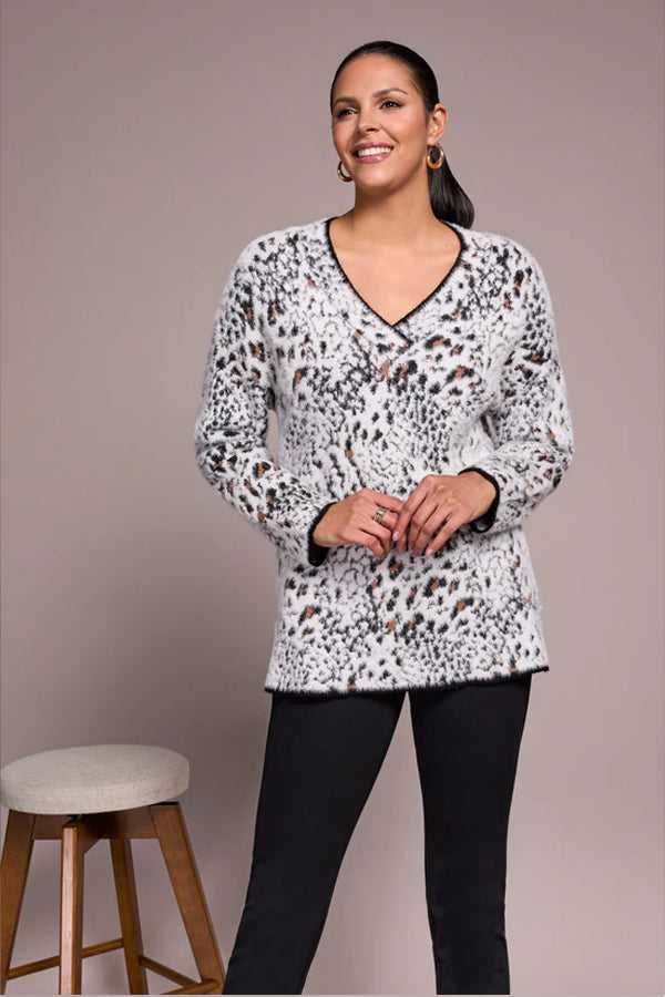 Tribal Fuzzy Animal V-Neck Sweater
