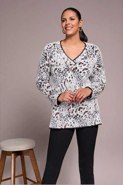 Tribal Fuzzy Animal V-Neck Sweater