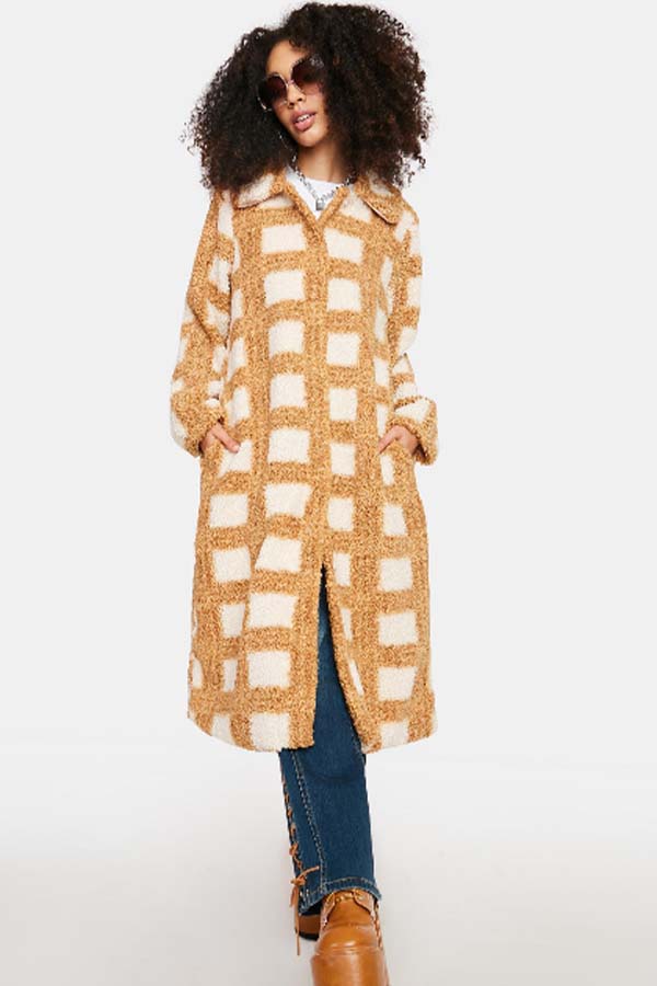 Glamorous Camel Checkered Sherpa Coat