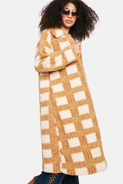 Glamorous Camel Checkered Sherpa Coat
