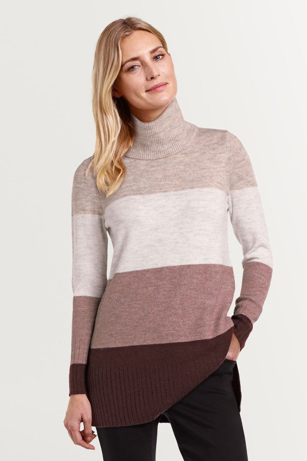 Point Zero Cowl Neck Striped Colour Block Sweater