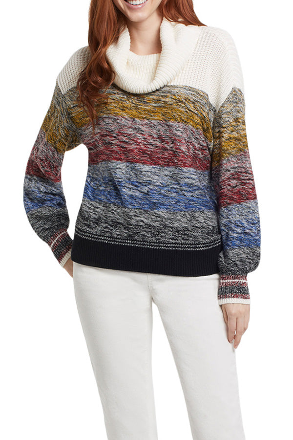 Tribal Striped Knit Cowl Neck Sweater