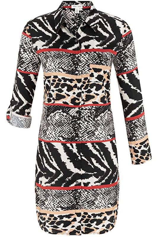 Tribal Blouse Shirt Dress with Roll Up Sleeve